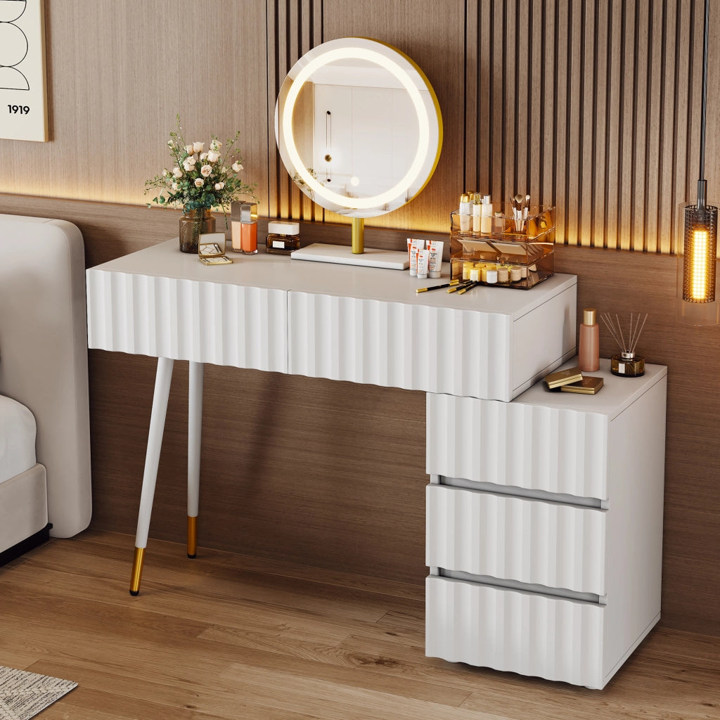 Toeletta con specchio LED e 5 cassetti; per camera da letto; in MDF; 100×40×127 cm; bianco