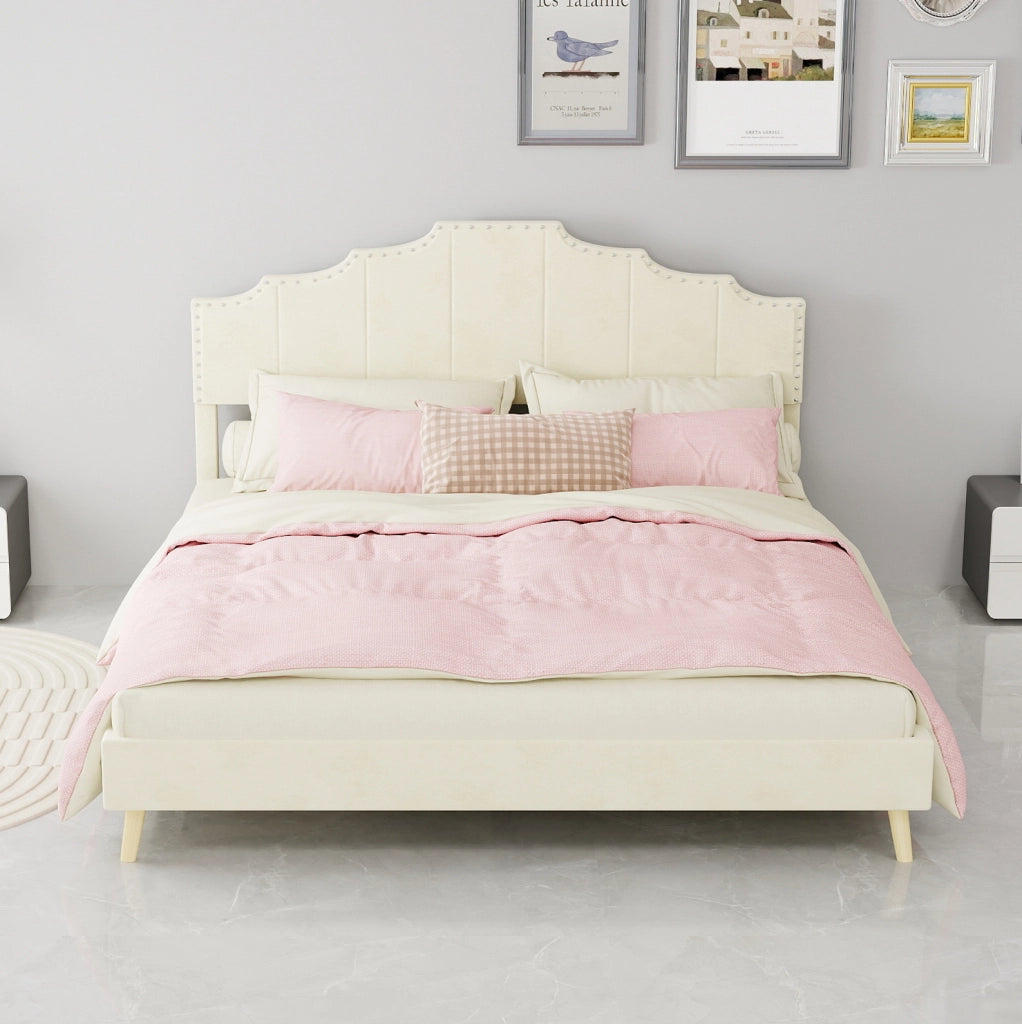 Letto matrimoniale 160x200 cm con testiera geometrica imbottita; tessuto beige