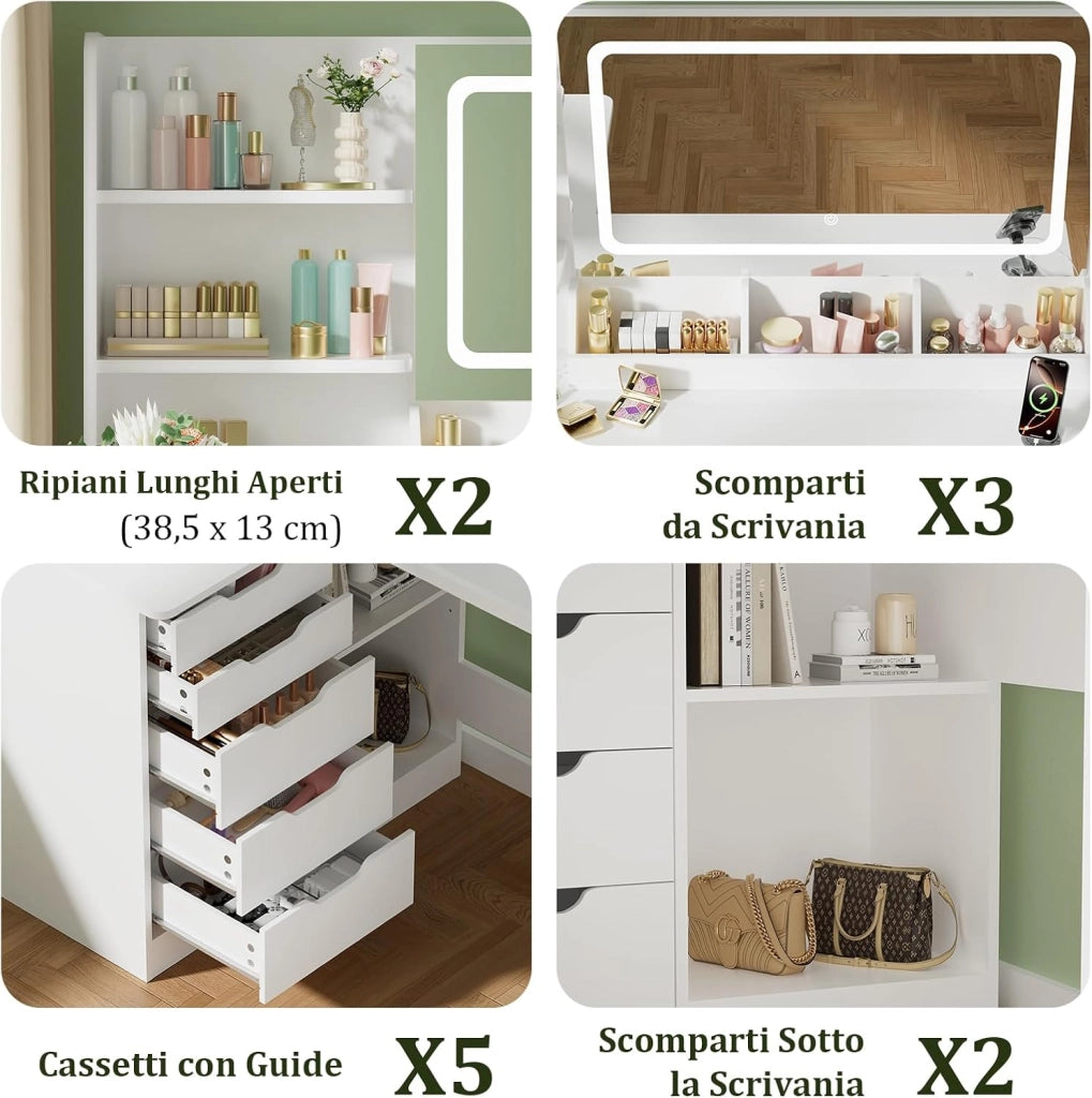 Toeletta Trucco con Luci,Postazione Trucco con Sgabello,Tavolo da Trucco con Specchio,Tavolo ad Angolo con Presa Elettrica, 5 Cassetti, Ripiani Aperti,Moderno per la Camera (Bianco)