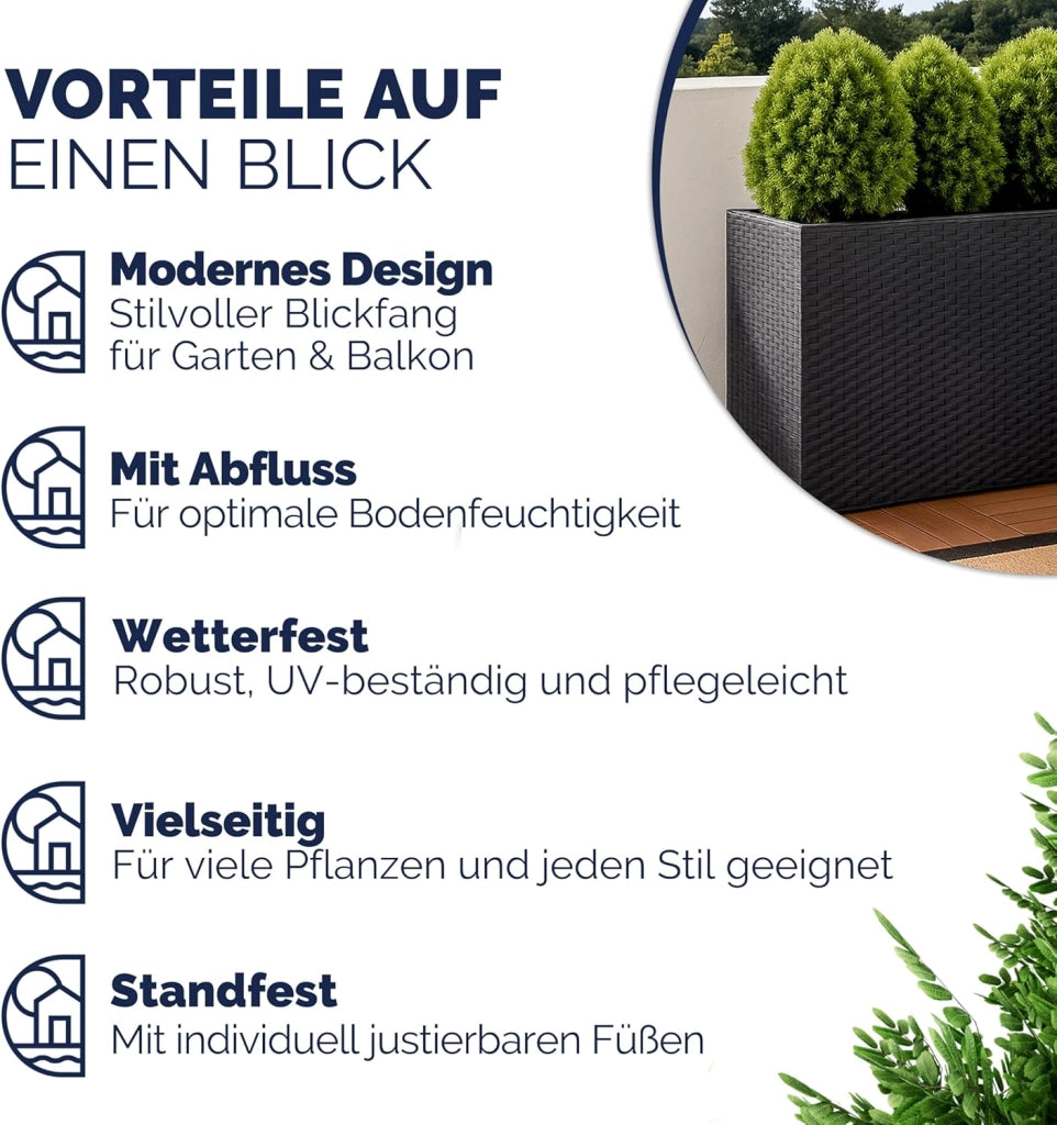 ® Fioriera 3 Vasi 83 x 30,5 x 60 cm Polyrattan Portafiori Giardino Esterno Interno Drenaggio Acqua Arredo Giardinaggio