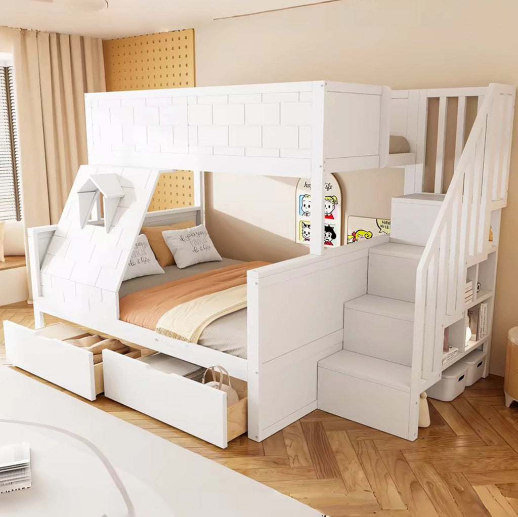 Letto a castello per bambini bianco 90 x 200 / 140 x 200 cm con scala e cassetti