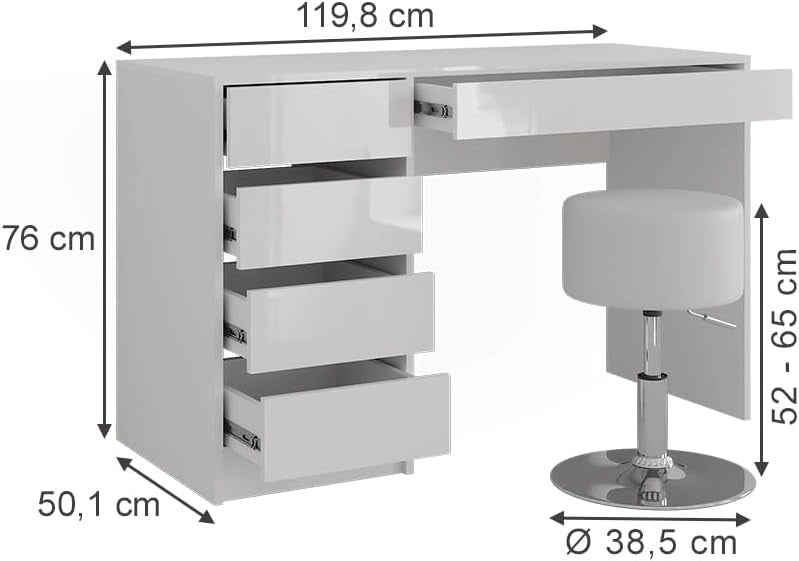 Tavolo da toeletta Sherry, Bianco/bianco lucido, 119.8 cm con sgabello