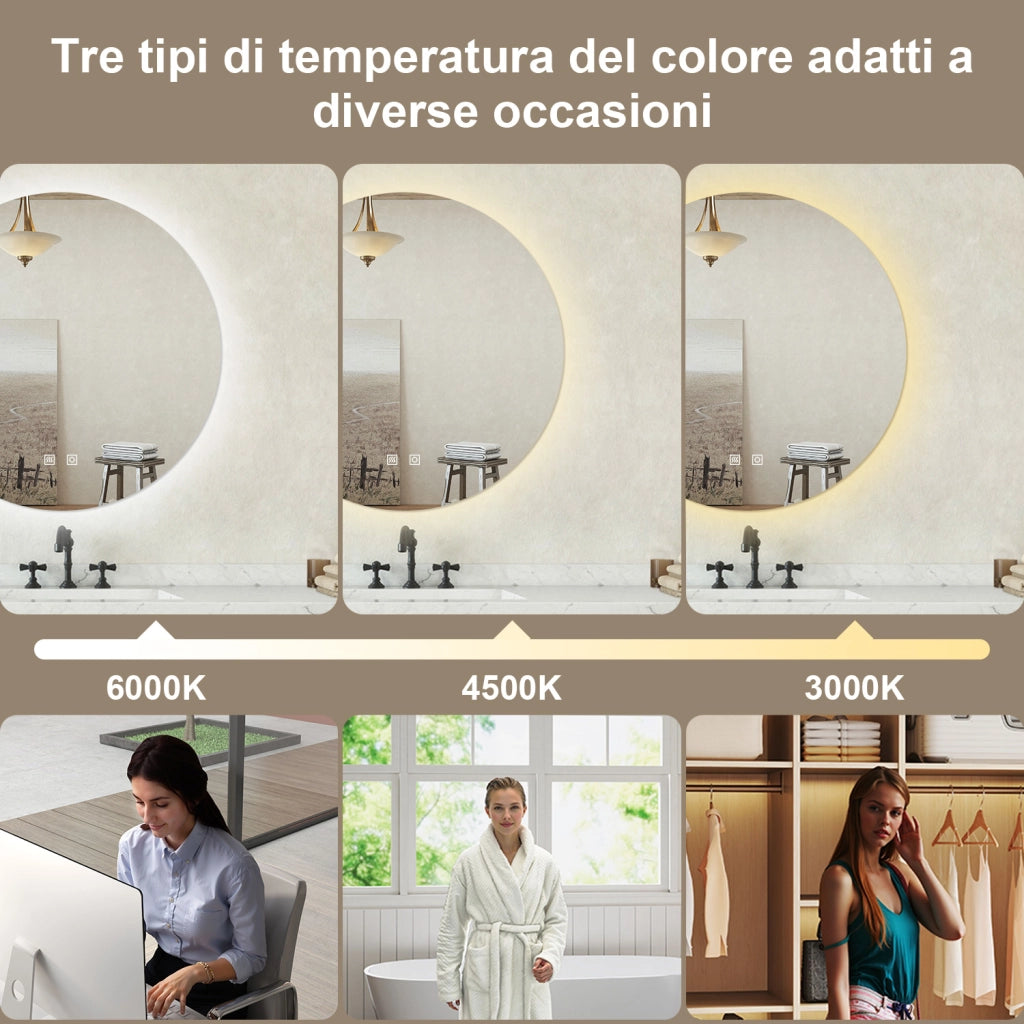 Specchio bagno Tondo 50cm Retroilluminato Con Led, Antiappannamento + 3 Luci