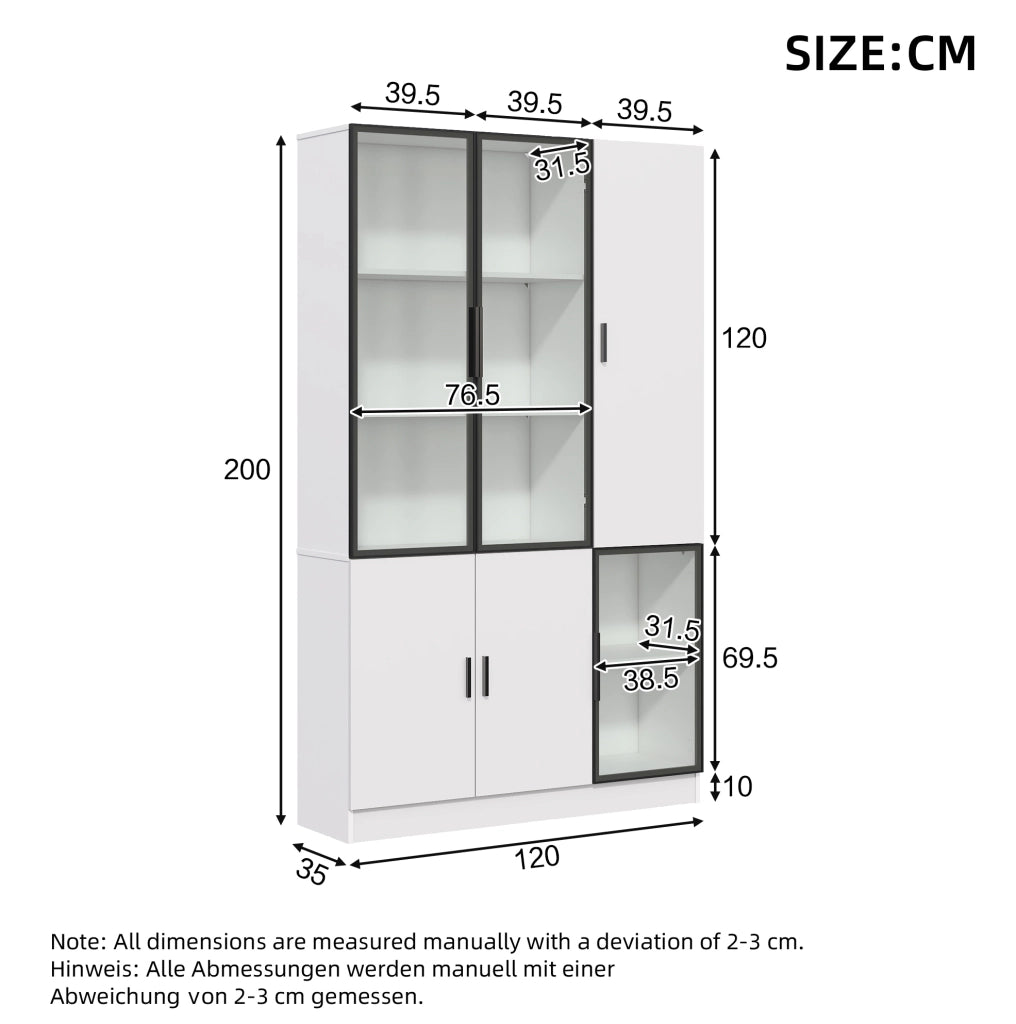 Vetrina alta 200 cm con 3 ante in vetro e LED; 120x35 cm; bianco; in truciolare