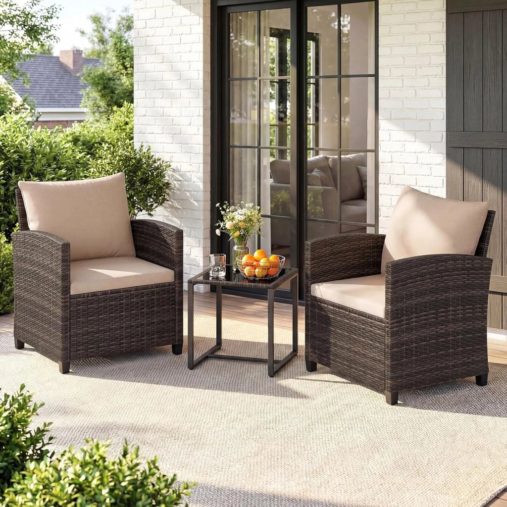 Set Mobili da Giardino 3 Pezzi, Salotto da Esterno in Rattan PE con 2 Poltrone e 1 Tavolino in Vetro Temperato, Set da Conversazione con Cuscini Sfoderabili per Patio (giallo, Modello 5)