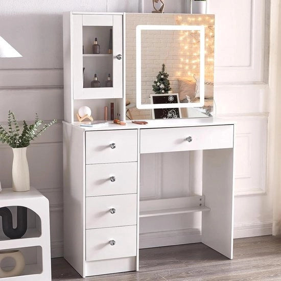 Tavolo da trucco con illuminazione a LED - Tavolo da trucco con specchio e sgabello - 3 modalità di illuminazione - 7 vani - 6 pannelli - Camera da letto - 100 x 40 x 140 cm - Tavolo da trucco bianco