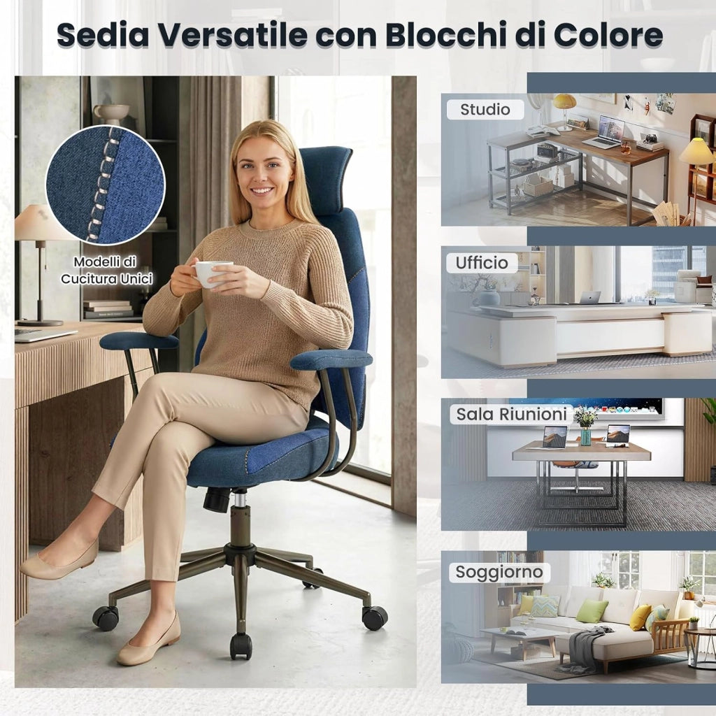 Sedia da Ufficio Ergonomica, Sedia da Scrivania in Tessuto di Lino con Poggiatesta 2D, Schienale Oscillante e Ruote, Poltrona da Lavoro Regolabile Girevole, Portata 150 kg (Blu)