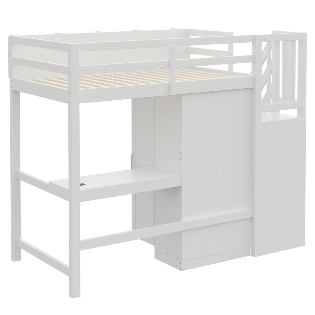 Letto a soppalco ULEVR 90x200 cm con scrivania, armadio, LED e prese integrate, bianco