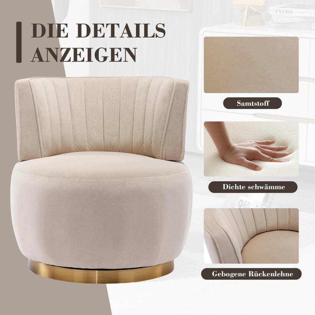 Fauteuil girevole in velluto con seduta imbottita e schienale ergonomico, base in legno e metallo beige