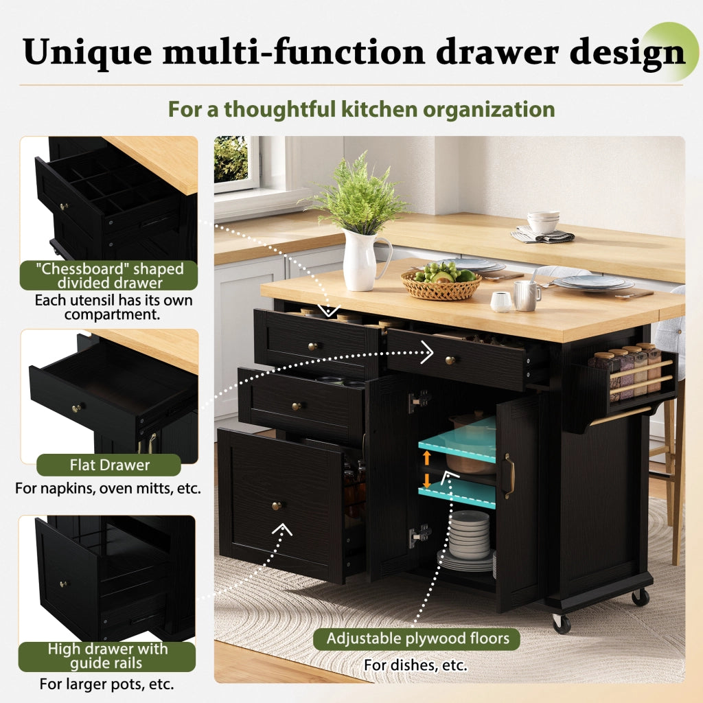 Carrello da Cucina con 2 Ante; Cassetti; Piano Estensibile; Portaasciugamani e Ruote in MDF 107 x 45-70 x 90.5 cm Nero e Naturale