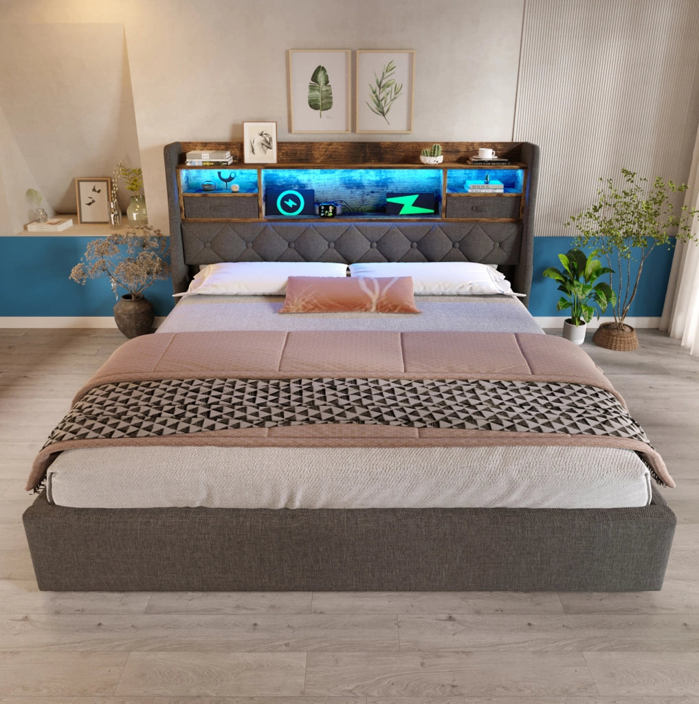 Letto contenitore 140x190 cm con LED, testiera con ricarica USB/Type-C e rete