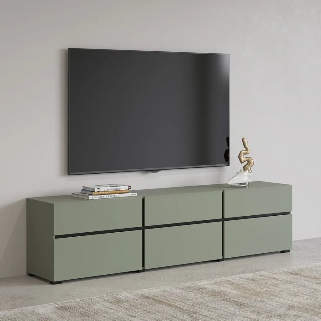 Mobile TV colore verde salvia 180cm collezione HAVANA. Mobile design con 3 porte e 3 cassetti.