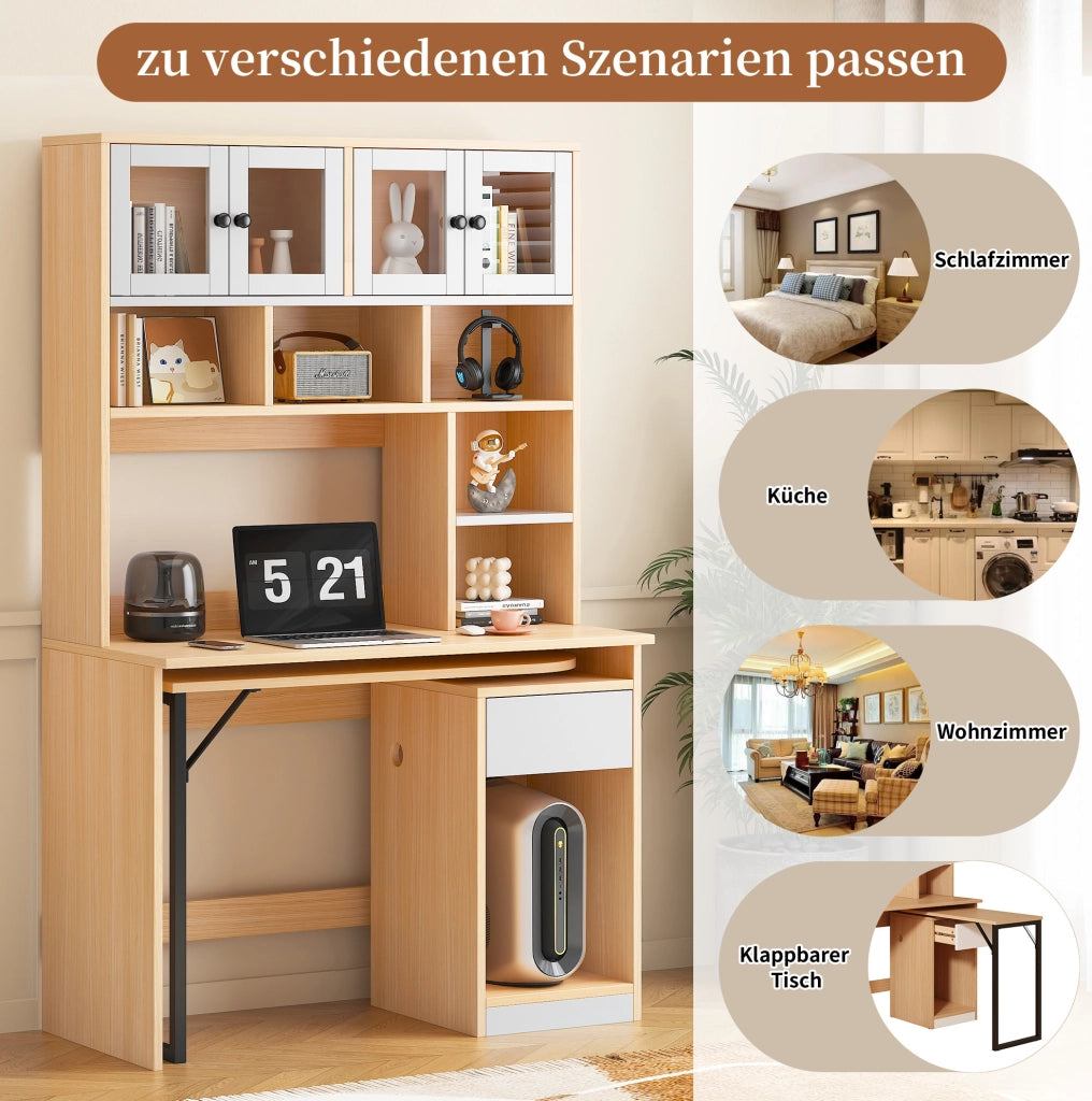 Scrivania con libreria e vano contenitore girevole 110x55x180 cm in MDF naturale e bianco