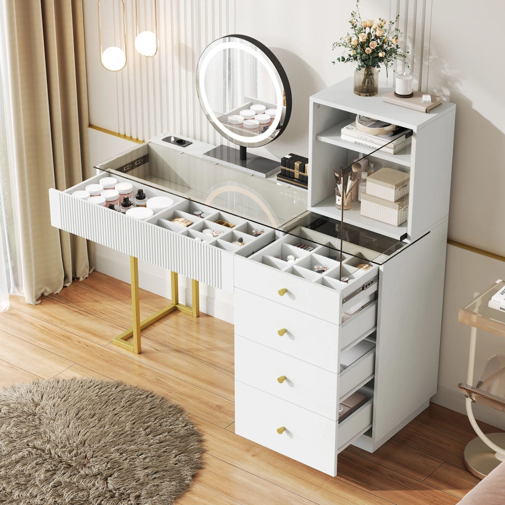 Set toeletta moderno con specchio LED, 5 cassetti, armadietto con anta in vetro e piano in vetro temperato, bianco, 120 x 40 x 120 cm