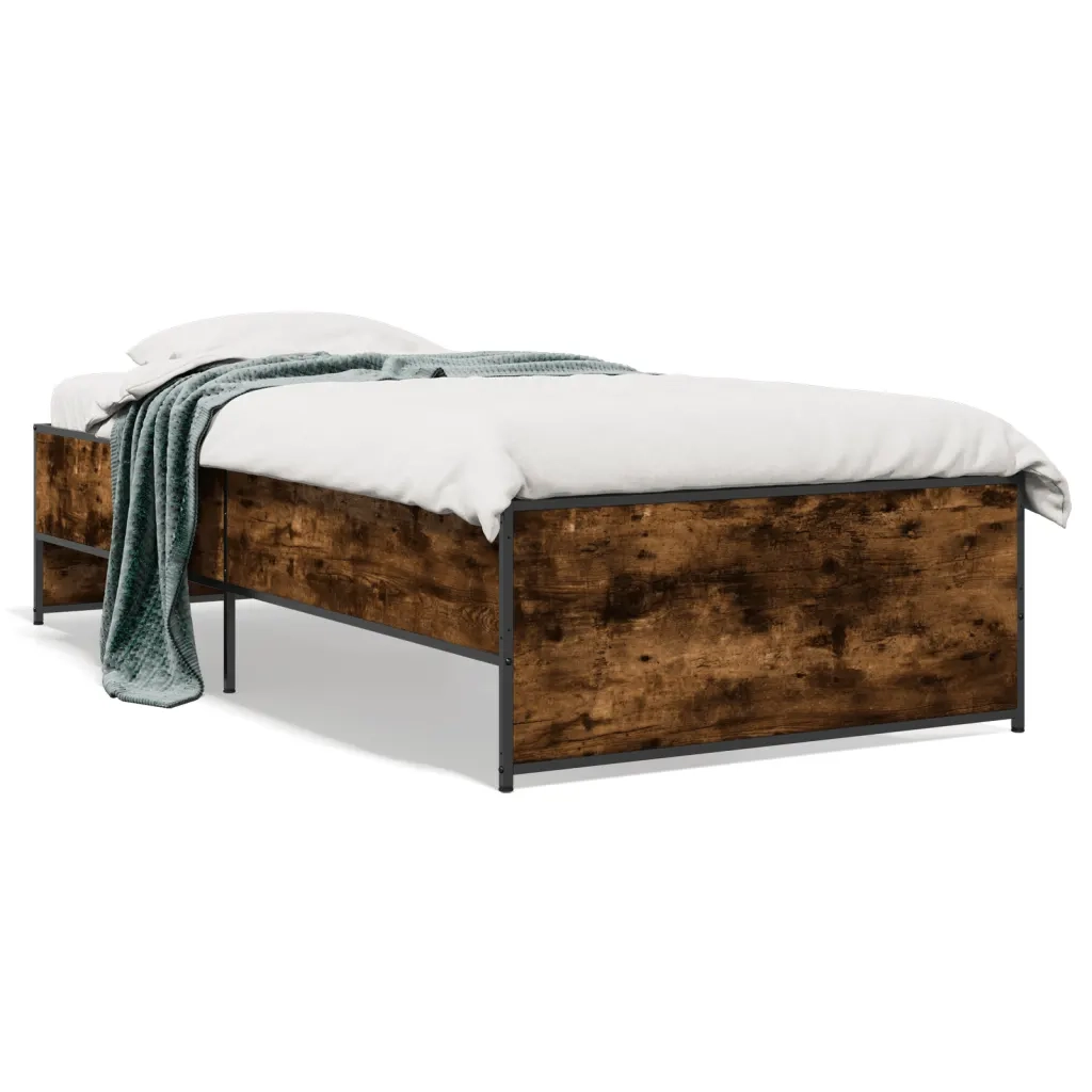 Letto singolo | Letto per adulti | Giroletto Rovere Fumo 75x190 cm in Legno Multistrato e Metallo
