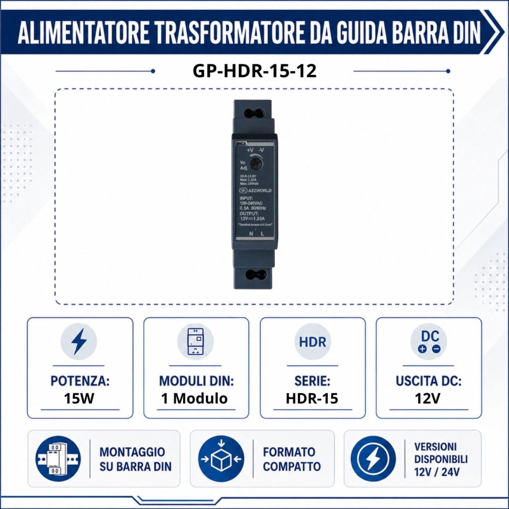 Alimentatore Trasformatore Da Guida Barra DIN 15W, 1 Modulo, Serie HDR-15, Disponibili DC 12V 24V (DC 12V)