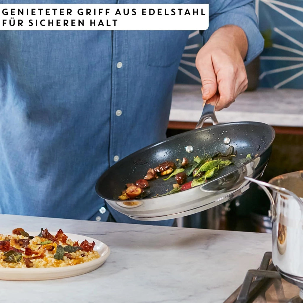 Jamie Oliver Cook Smart - Set di padelle da 20/24/28 cm, E310S3, in titanio sicuro, 2 rivestimenti antiaderenti, termo-segnale, tecnologia a induzione integrale termofusione, manico ergonomico