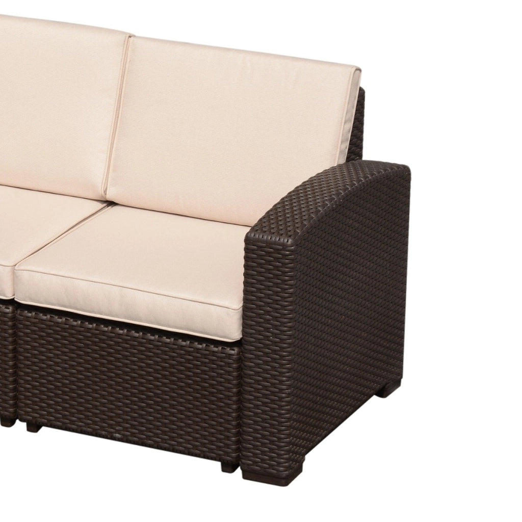 Easycomfort Divano a 3 Posti in PP Plastica ad Effetto Rattan, Divano da Giardino con Cuscini, Marrone e Champagne, 199x71x75cm