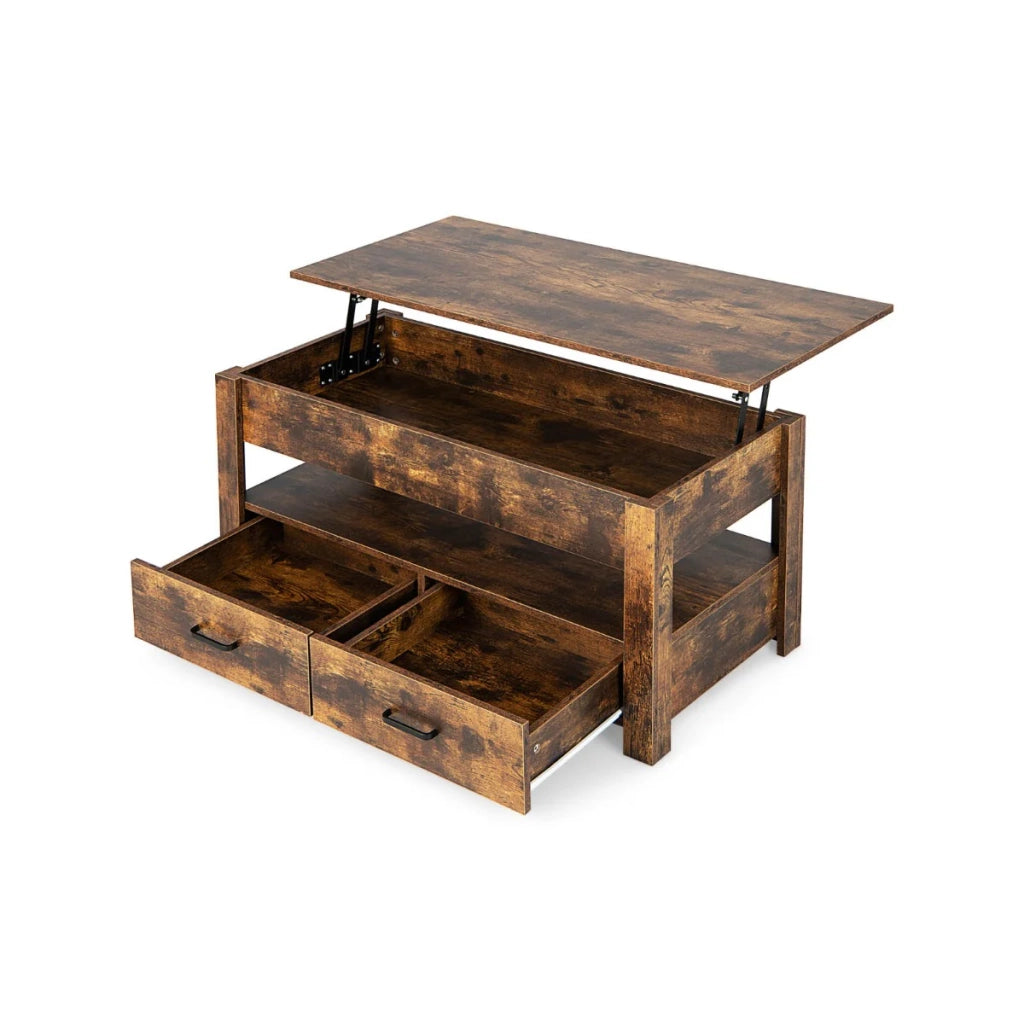 Tavolino da caffè sollevabile 106 x 50 x 61 cm con vano portaoggetti nascosto design ergonomico e stile industriale in legno marrone rustico 20_0013803