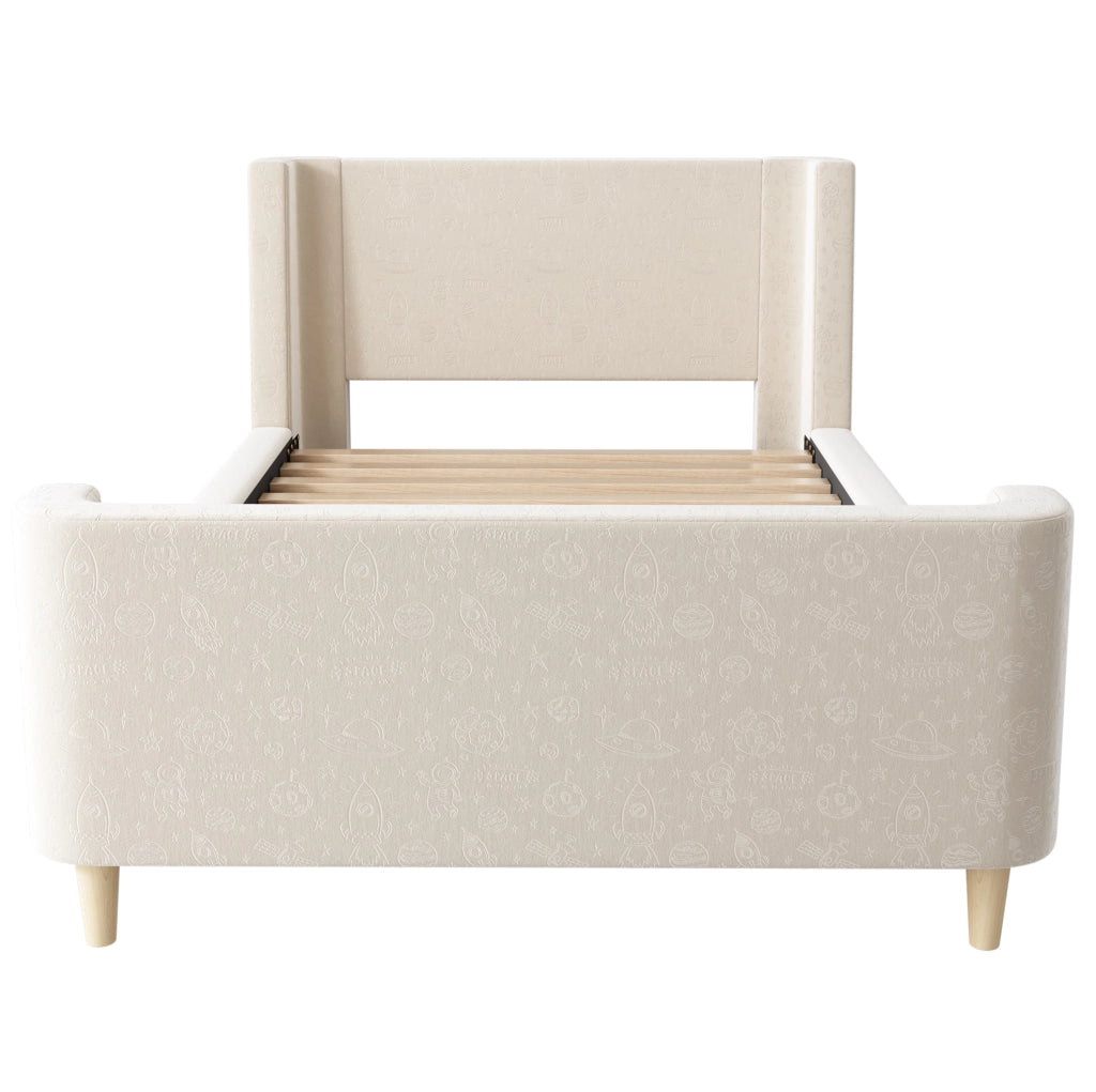 Letto singolo a slitta 90x200 cm in velluto beige con motivo spaziale per ?????ini