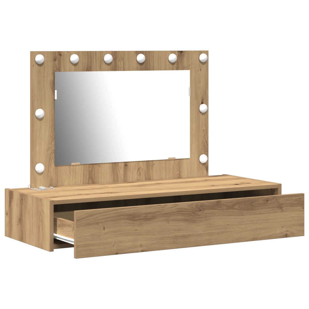 Tavolo da trucco appeso con luci LED in rovere artigianale