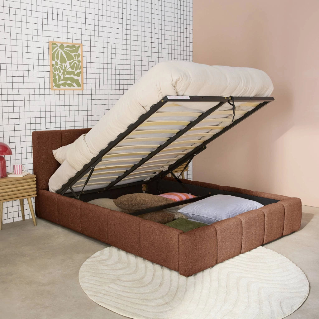 Letto contenitore con rete a doghe e testiera 160x200cm, bouclé ,