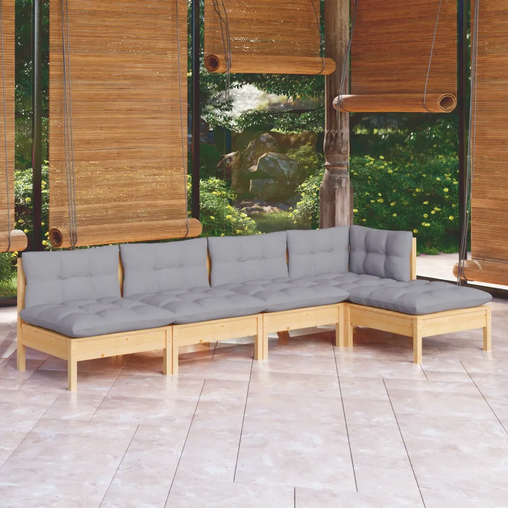 Set Divani da Giardino 5 pz | Set Salotto da Giardino con Cuscini Grigi Massello di Pino