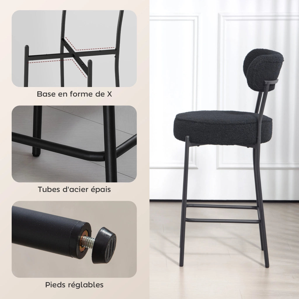 Sgabelli da Bar con Schienale ¨C zephmum ¨C Tessuto Bouclette, Nero, 49x52x95 cm