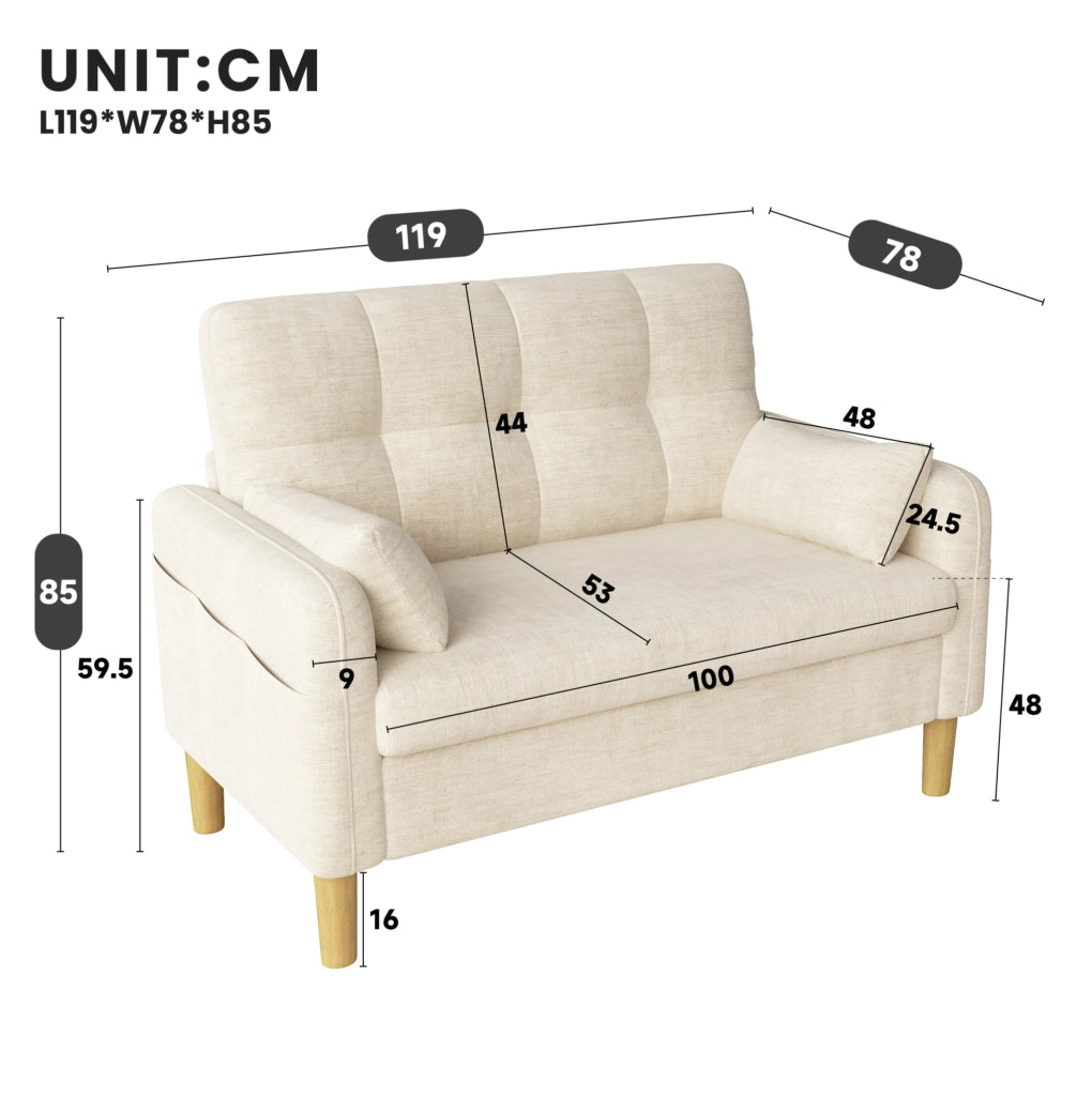 Divano a 2 posti in chenille beige con 2 cuscini; tasca laterale e schienale alto 119x78x85 cm