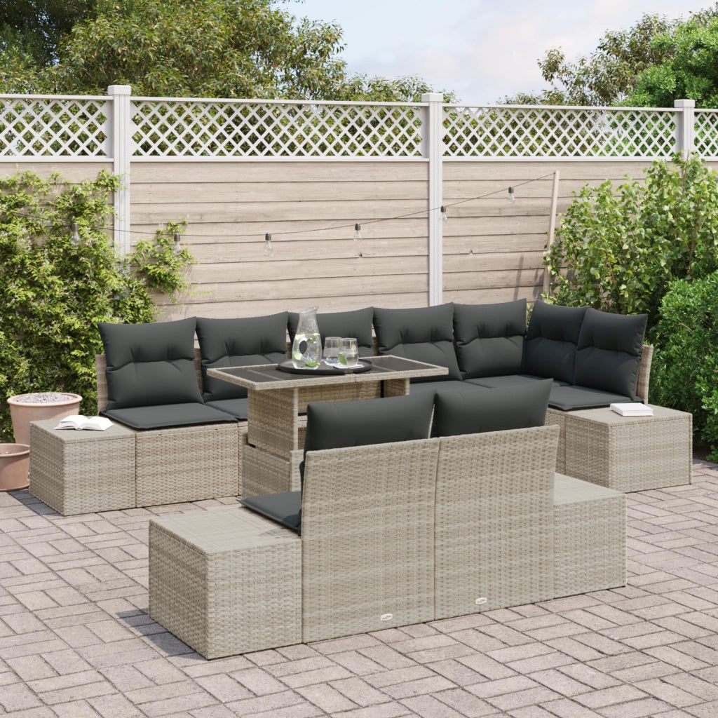 Set di divani da giardino 9 pezzi con cuscini grigio chiaro in polirattan