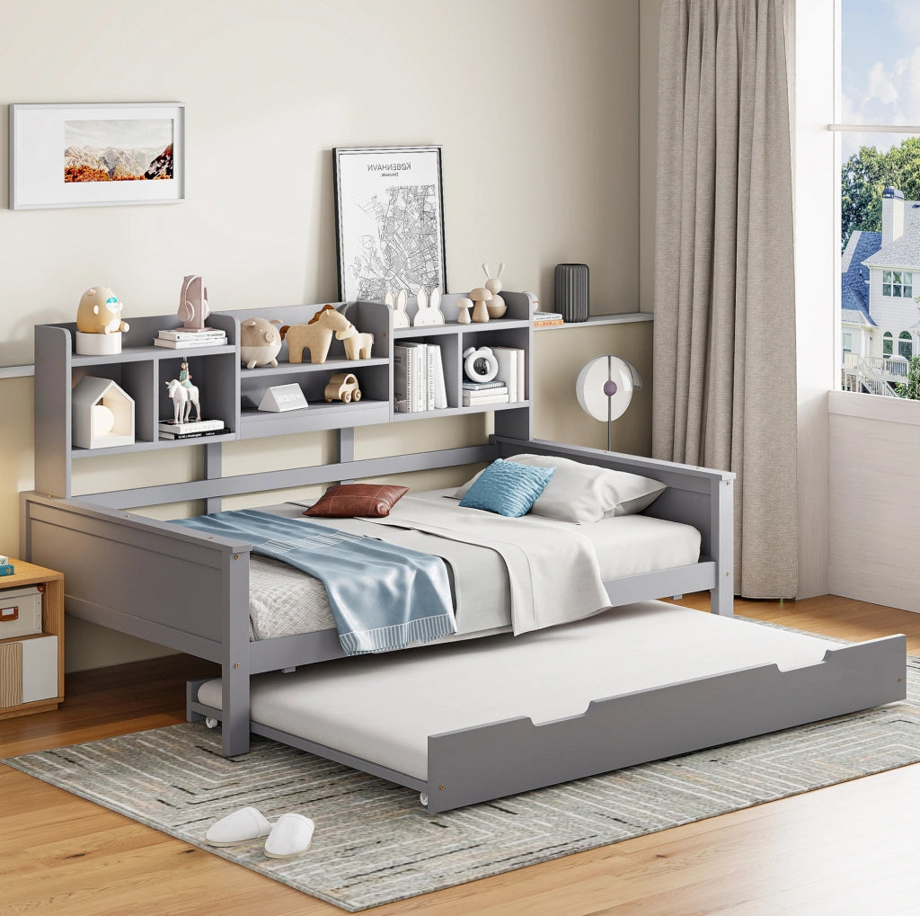 Letto multifunzionale con letto estraibile 90x200 cm; scomparti portaoggetti; grigio