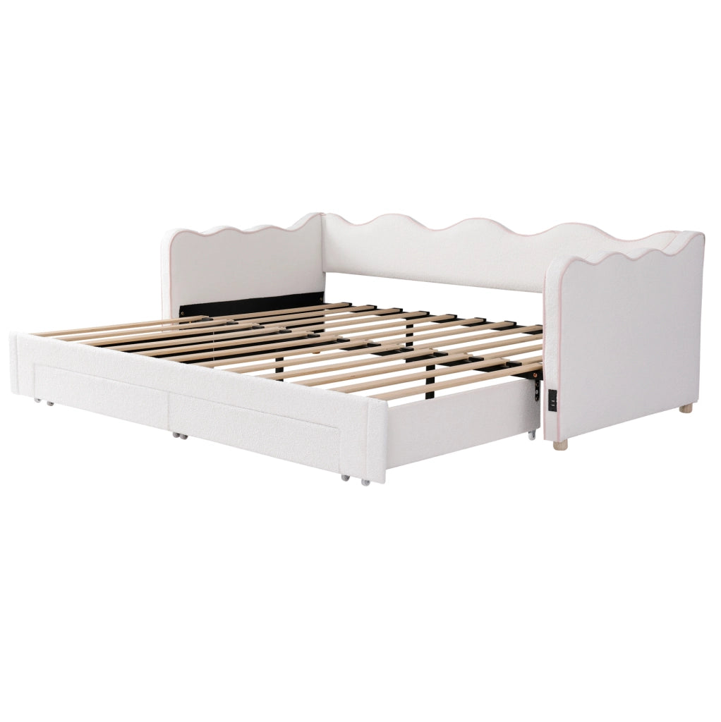 Letto estraibile 90x200 cm con 2 cassetti, USB e USB-C, rivestimento in boucl¨¦ beige
