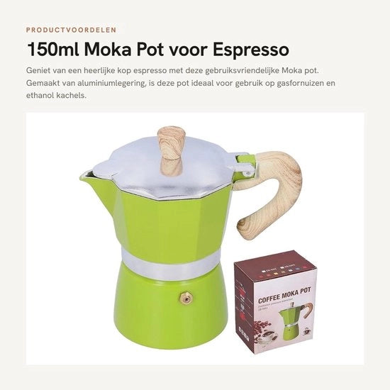 Moka Pot 150ml - Lega di alluminio - Caffettiera per 3 tazze - Compatta e portatile - Adatta per forno a gas - Buona conducibilità termica - Apparecchio per la preparazione del caffè