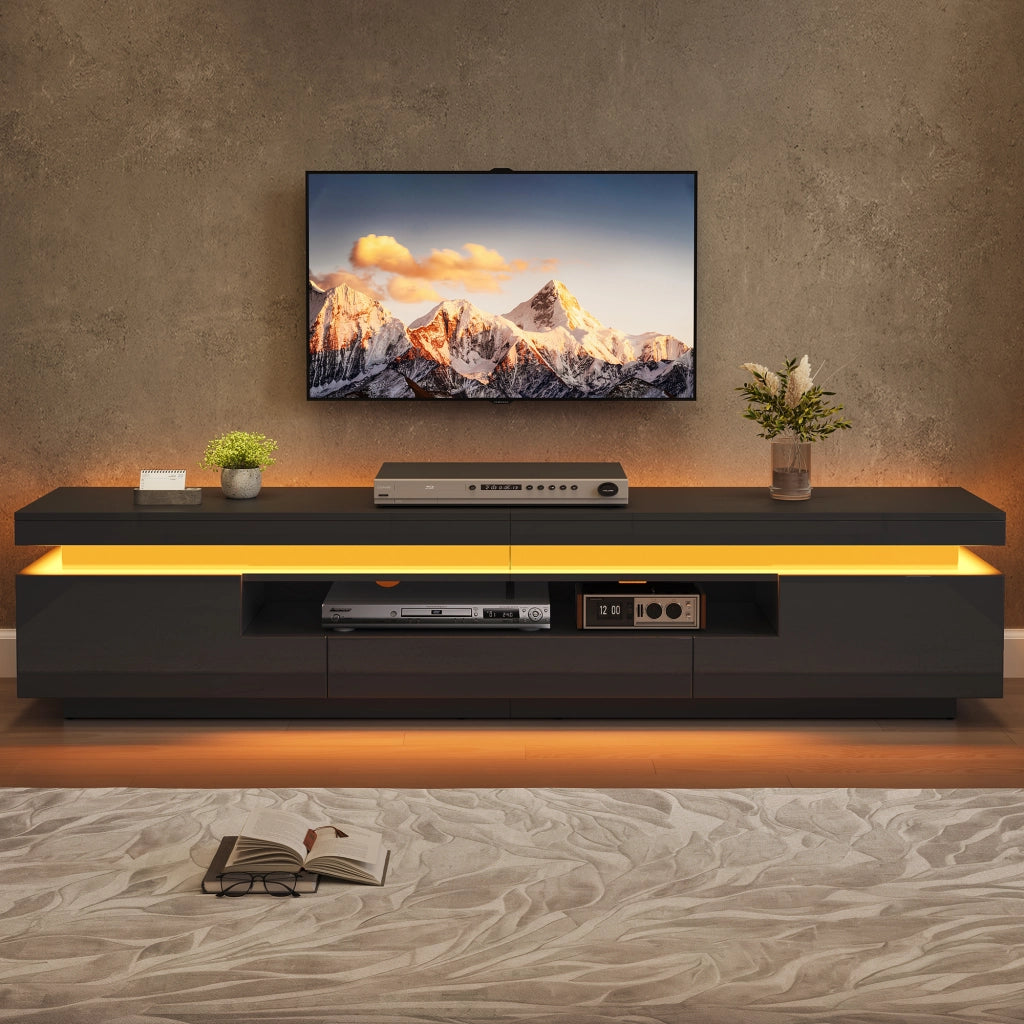 Mobile TV con 2 vani e 1 cassetto; LED; per soggiorno; 175×38×45 cm; nero
