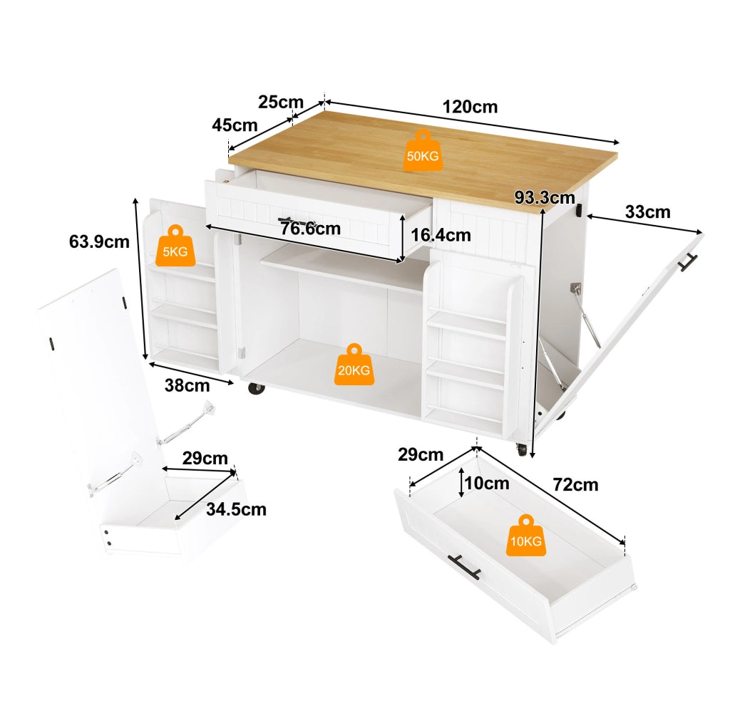 Isola da cucina con piano ribaltabile 130x70x93 cm in MDF bianco; con ruote e cassettone