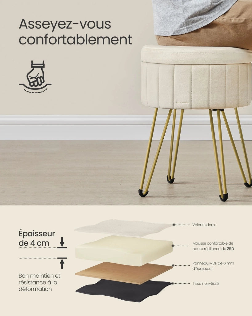 Sgabello rotondo in velluto con vano contenitore diametro 39 cm altezza 444 cm 4 gambe in metallo per cabina armadio soggiorno camera da letto bianco 12_0006167
