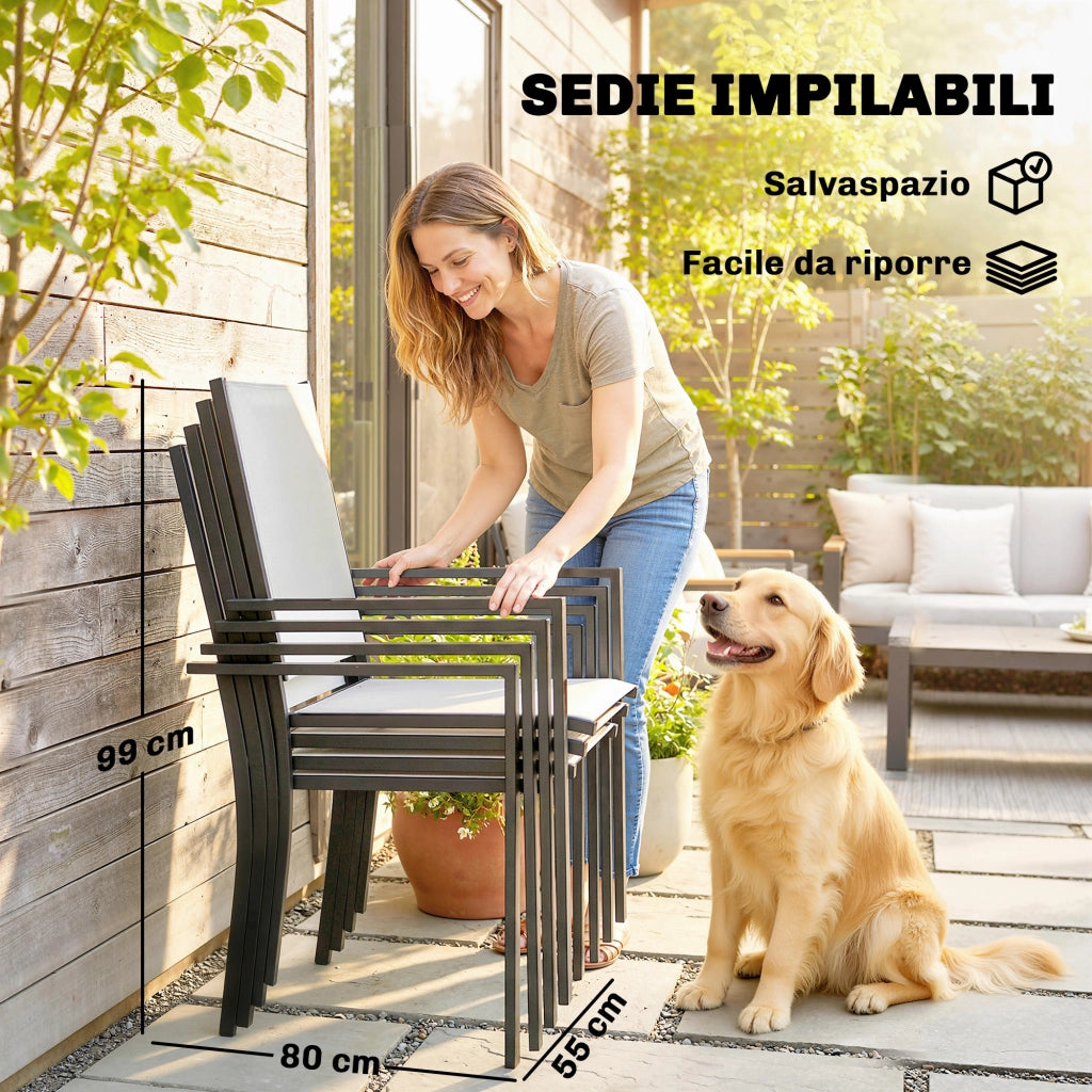 Set 5 Pezzi da Giardino con 4 Sedie Impilabili e Tavolo in Vetro Temperato con Foro per Ombrellone in Texteline Grigio