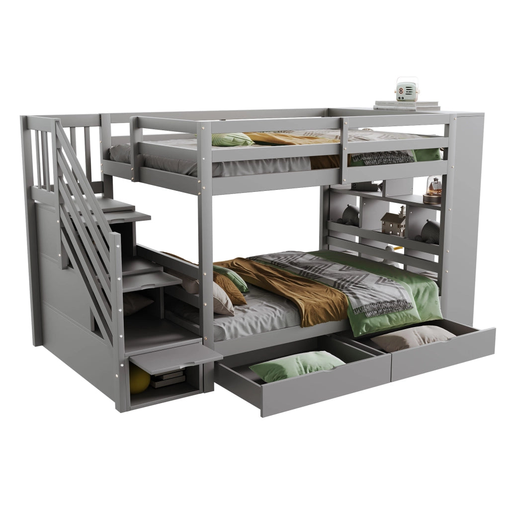 LETTO A CASTELLO 90x200 cm in Legno Grigio con Scala Contenitore e Cassetti