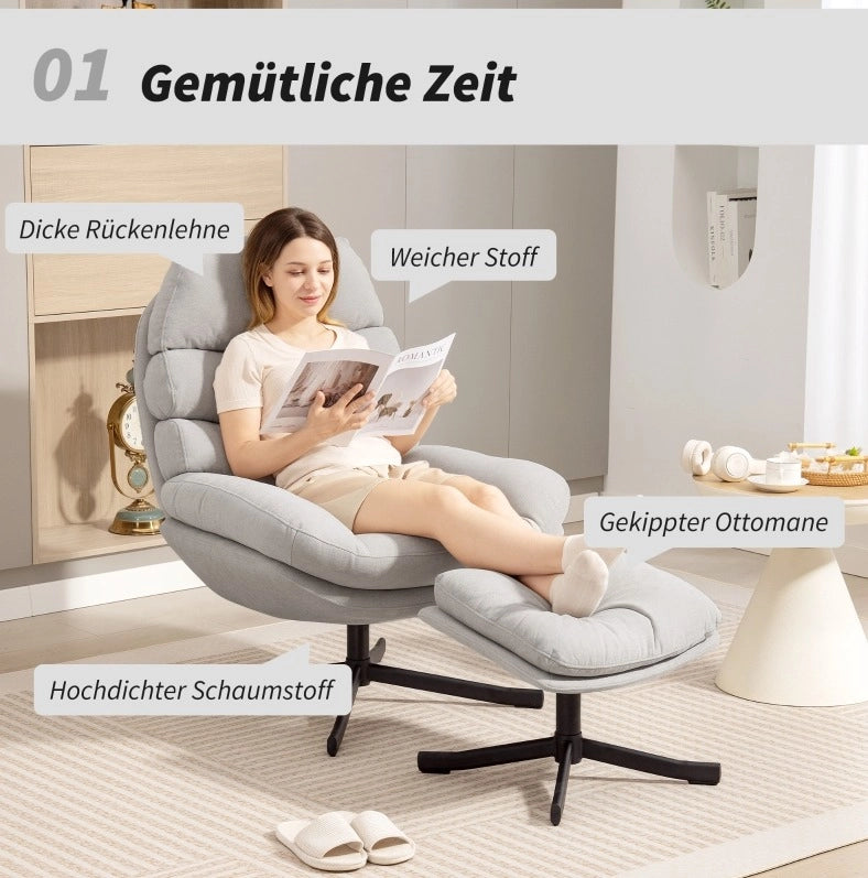 Poltrona relax girevole con pouf in ciniglia crema