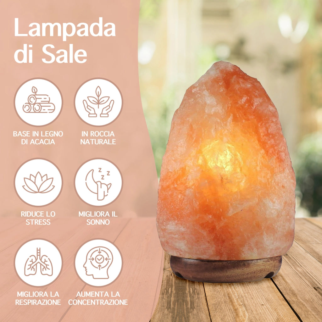 Lampada Di Sale Himalayano Originale Naturale Realizzata A Mano Con Base In Legno Di Acacia Pezzo Unico Prodotto Certificato  Con Spina Europea  - 8.5x10Cm-02Kg