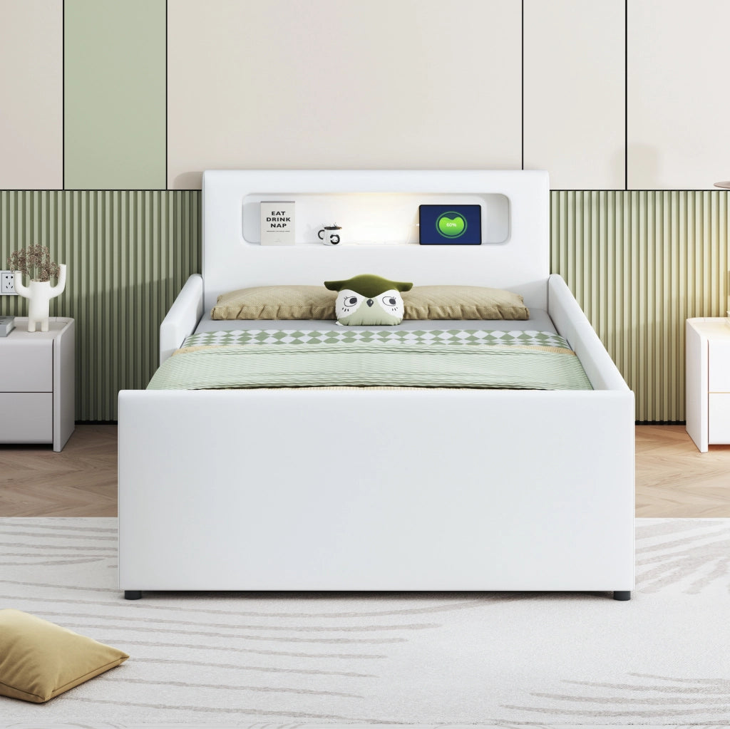 Letto imbottito per bambini 90x200 cm con luce LED; porta USB e cassetti; bianco