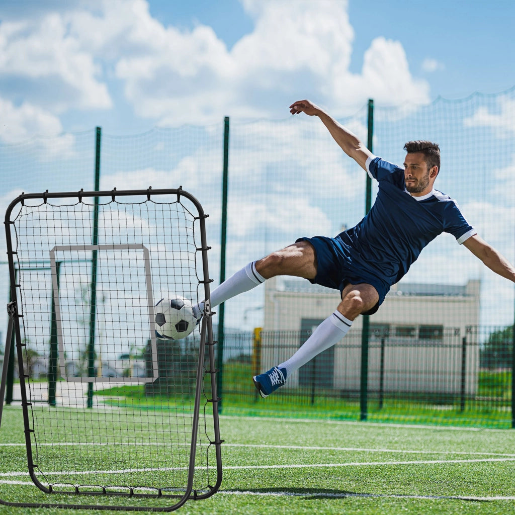 Porta da calcio pieghevole con rimbalzo, dimensioni 123x73x1785 cm, 4 livelli regolabili, colore nero, per allenamento e divertimento.