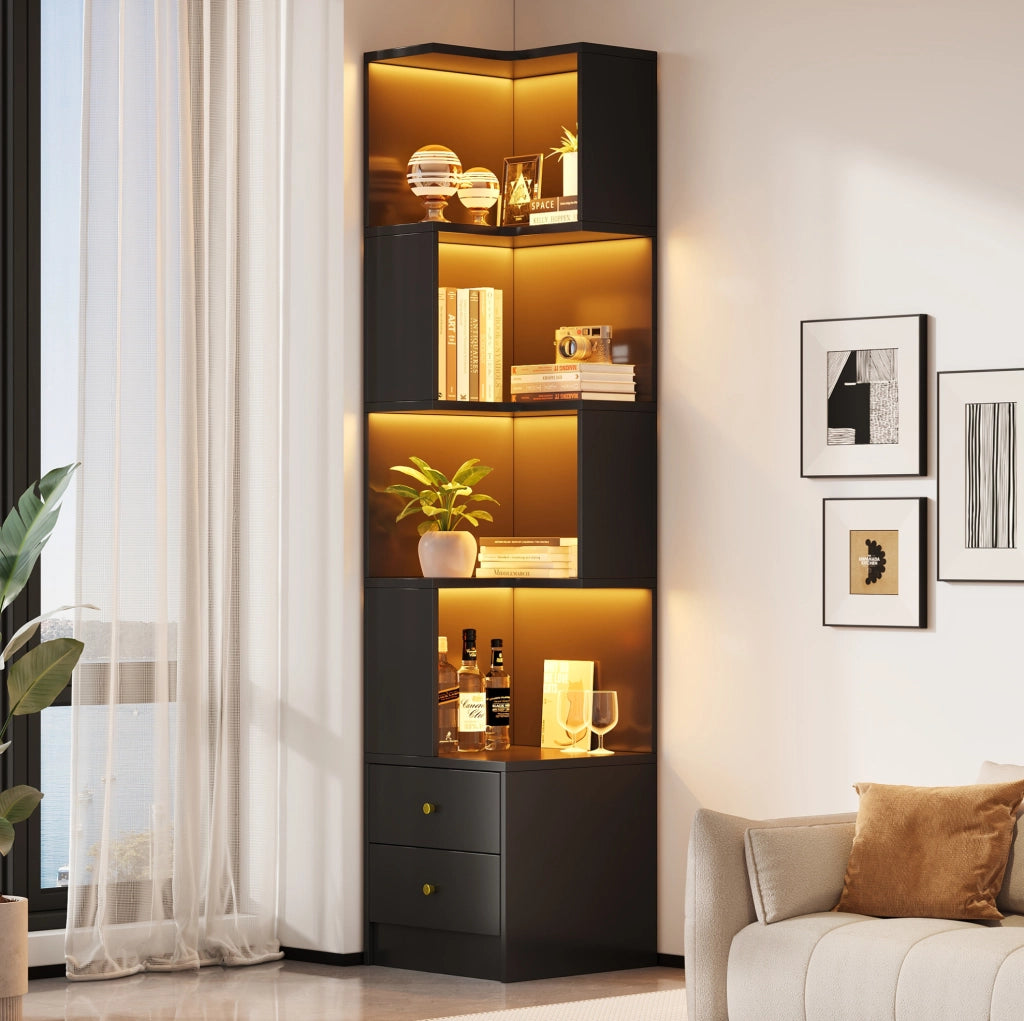 Libreria angolare a L nera con illuminazione LED e doppio cassetto