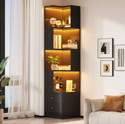Libreria angolare a L nera con illuminazione LED e doppio cassetto