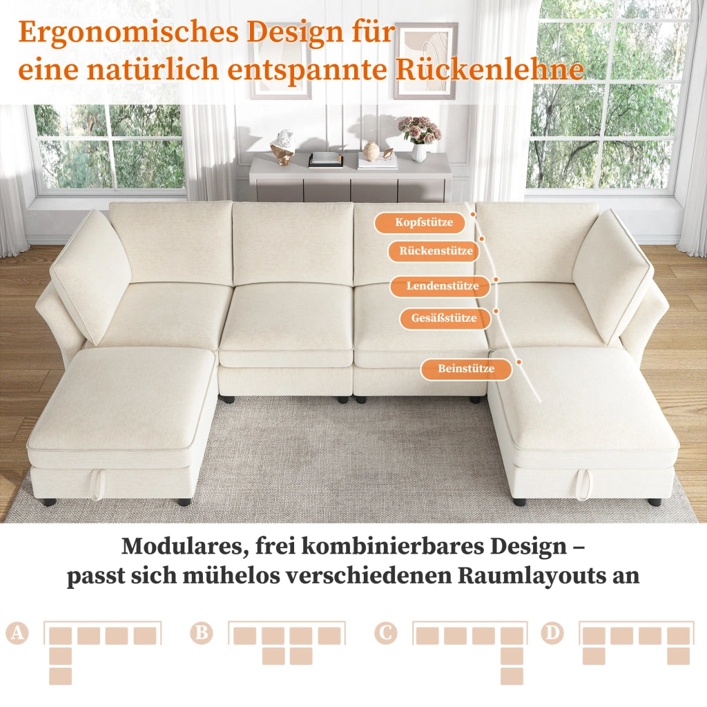 Divano angolare modulare a U con spazio contenitore e cuscini per 6-7 persone, in ciniglia beige, 289 × 137 × 84 cm