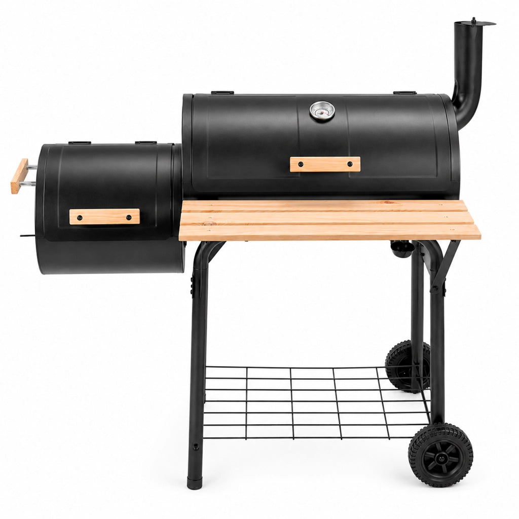 Barbecue A Carbone Con Camera Affumicatrice Laterale BBQ Termometro Integrato Griglie In Acciaio Cromato Ripiano E Maniglie In Legno Con Ruote 109.5 x 59 x 116 Cm Nero