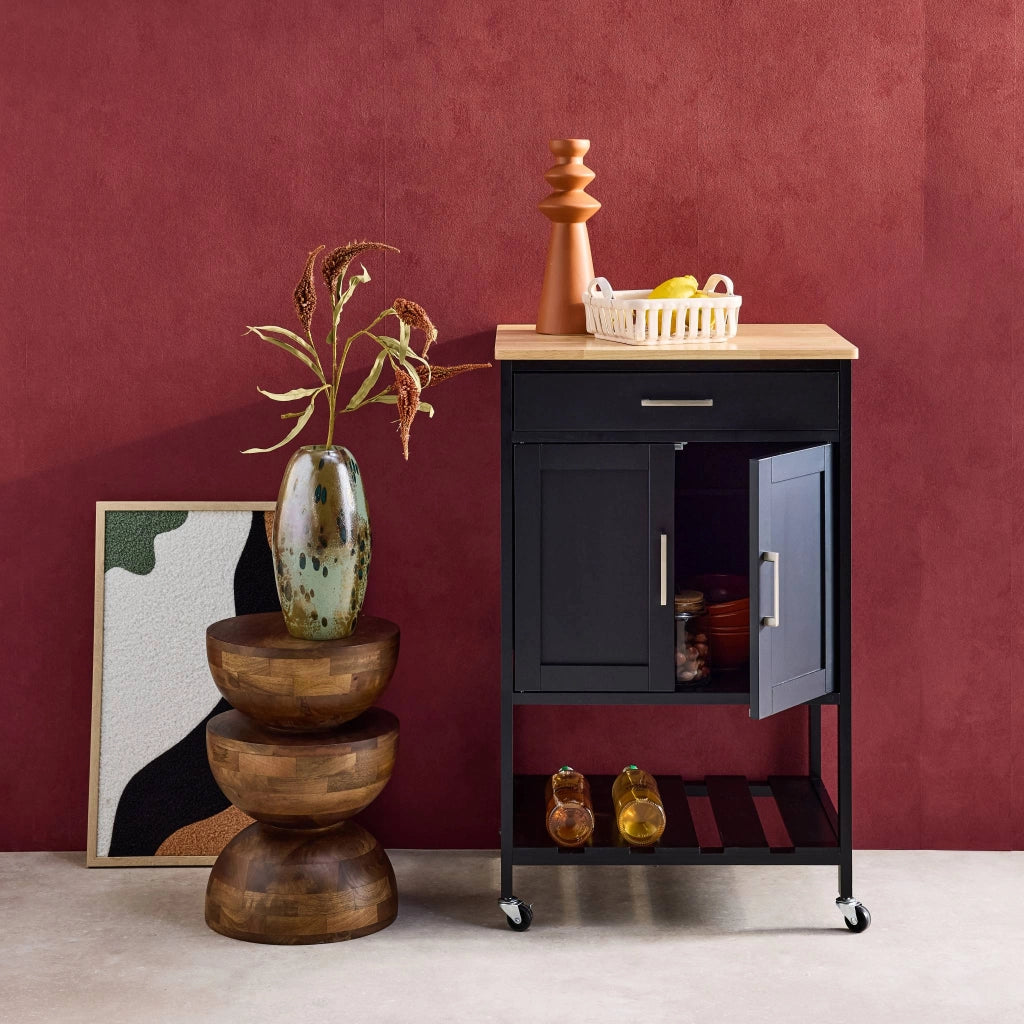 Carrello da cucina in legno di gomma con 2 ripiani, 56cm , nero