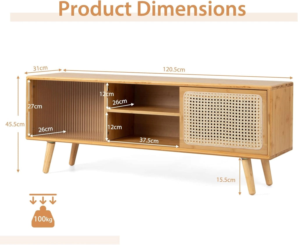Mobile TV da 120 cm con 2 Ripiani，Supporto TV in Bambù, con Porte Scorrevoli in Rattan e Vetro Temperato,120,5x31x45,5 cm