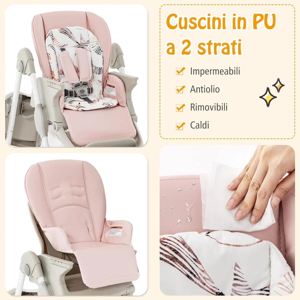 Seggiolone Pappa Bambini Pieghevole, Altezza Regolabile (Rosa) | Seggiolone Multifunzione con 4 Ruote, Poggiapiedi e Schienale, Vassoio Rimovibile, per 6-36 Mesi, Fino a 15 kg