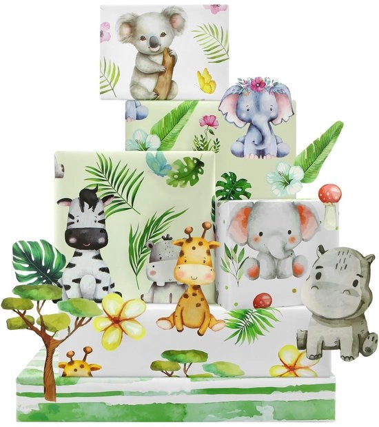 Papier decorativo 6 fogli - Animali della giungla tropicale - Disegni acrilici - Carta da regalo per compleanni - Festa di benvenuto per bambini - 50x70cm